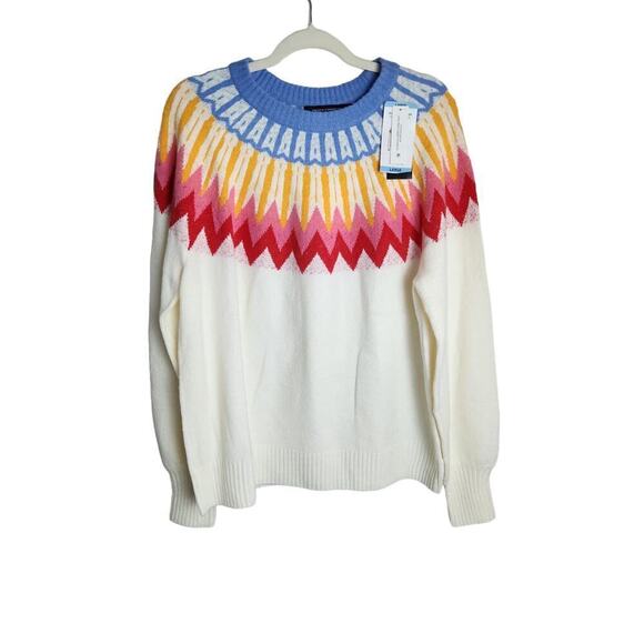 French Connection Ivory Fair Isle sweater sz L rainbow, cozy, stretch, career - Picture 1 of 8